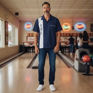 BeRetro Hot Rod V8 Bowling Panel Shirt Blue White Size Medium Bowling Concepts